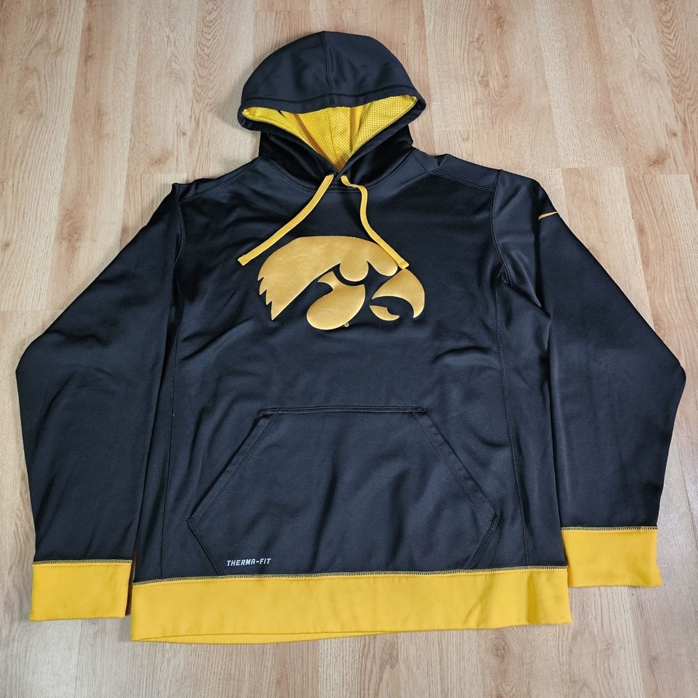 Nike Iowa Hawkeyes Hoodie Mens Large Black Therma-FIT Pullover Sweatshirt NCAA
